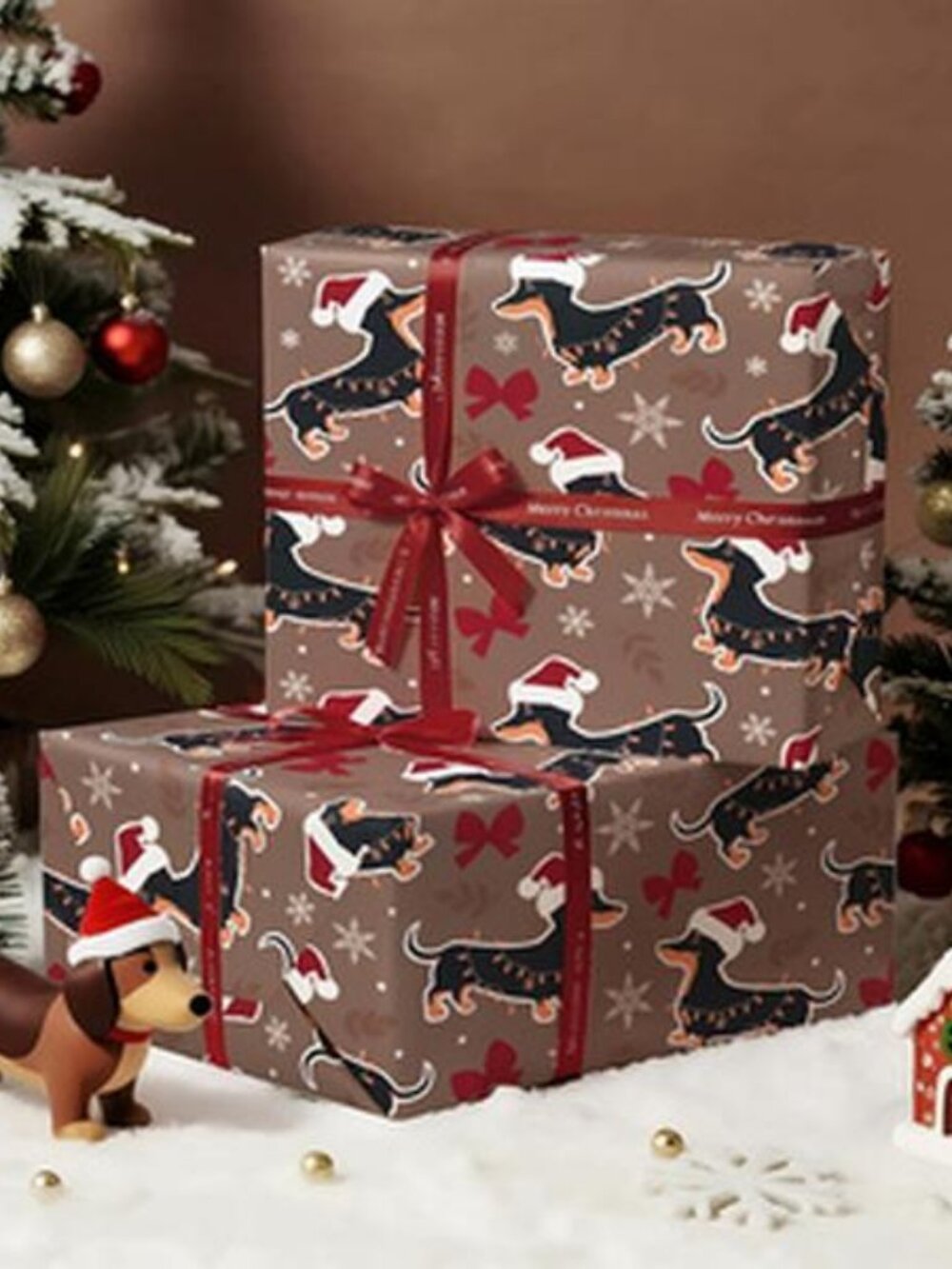 Christmas Dachshund Wrapping Paper, Cute Cartoon Puppy Printed Gift Paper, Festi
